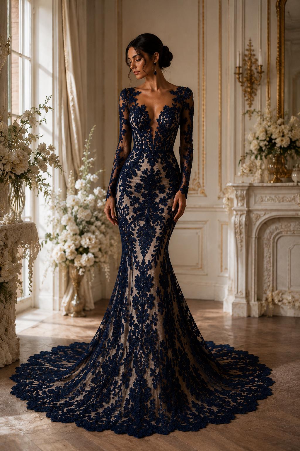 Embroidery Damask Design - NAVY - With Sequins On A Mesh Lace Fabric - Fabric For Quinsiañera Dresses - Prom Dress Sold By Yard
