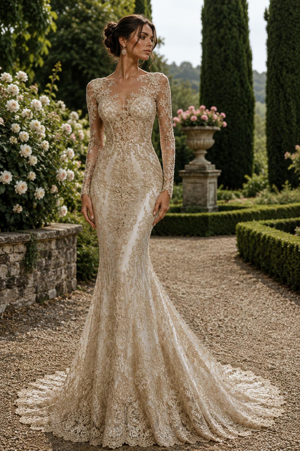 Embroidery Damask Design - CHAMPAGNE - With Sequins On A Mesh Lace Fabric - Fabric For Quinsiañera Dresses - Prom Dress Sold By Yard