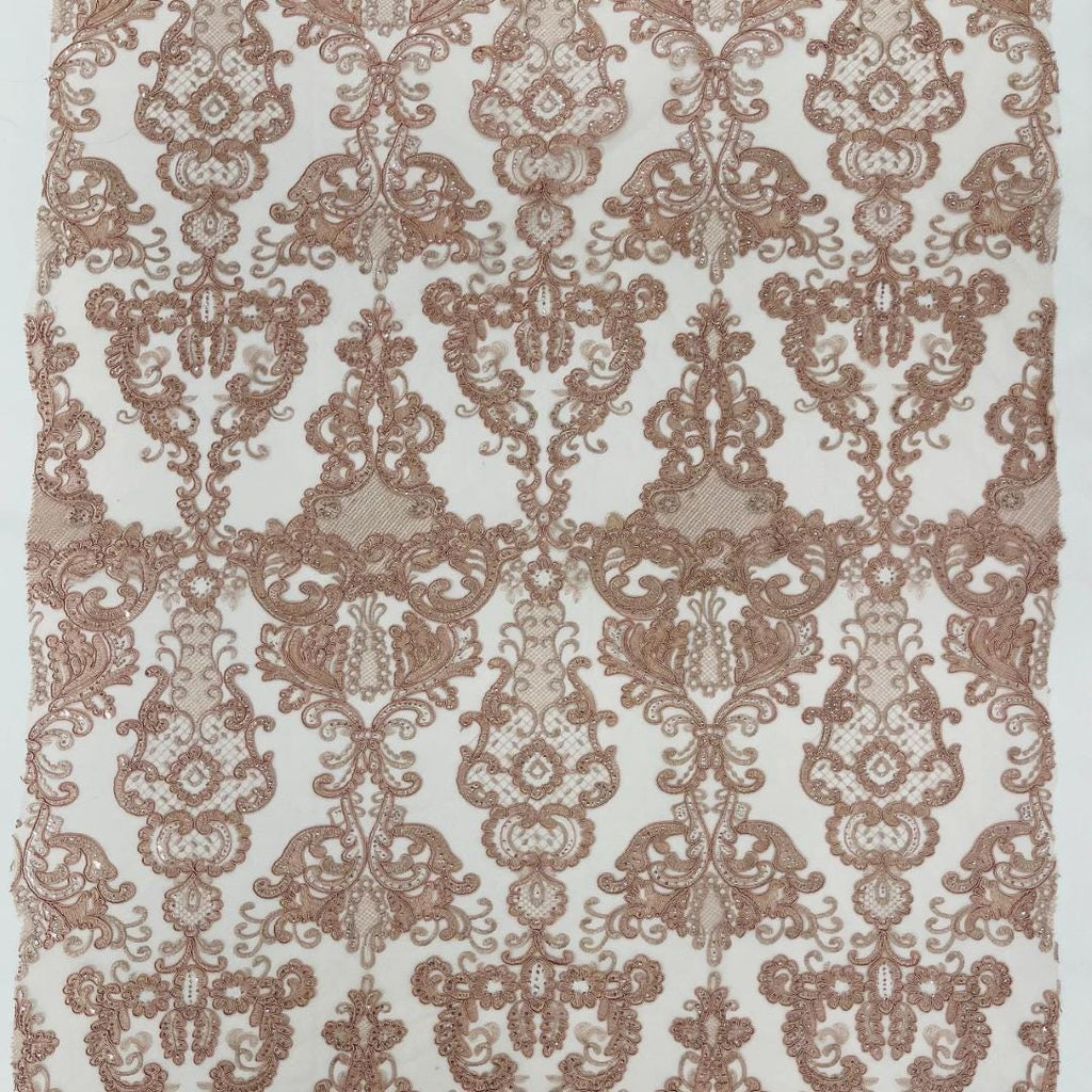 Embroidery Damask Design - DUSTY ROSE - With Sequins On A Mesh Lace Fabric - Fabric For Quinsiañera Dresses - Prom Dress Sold By Yard