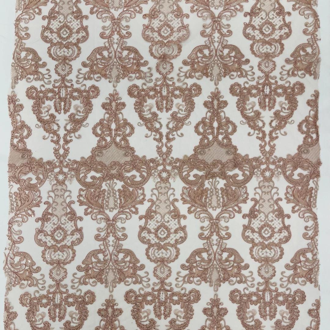 Embroidery Damask Design - DUSTY ROSE - With Sequins On A Mesh Lace Fabric - Fabric For Quinsiañera Dresses - Prom Dress Sold By Yard