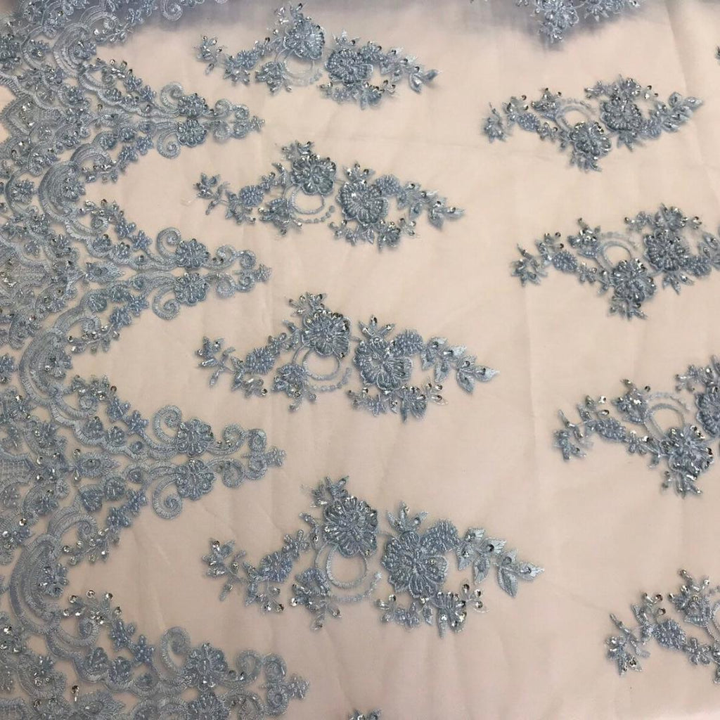 Lt Blue - Luxury Lace - Beaded Design with Embroidered Sequins and Beads On a Mesh Lace Fabric for Prom Dress By The Yard