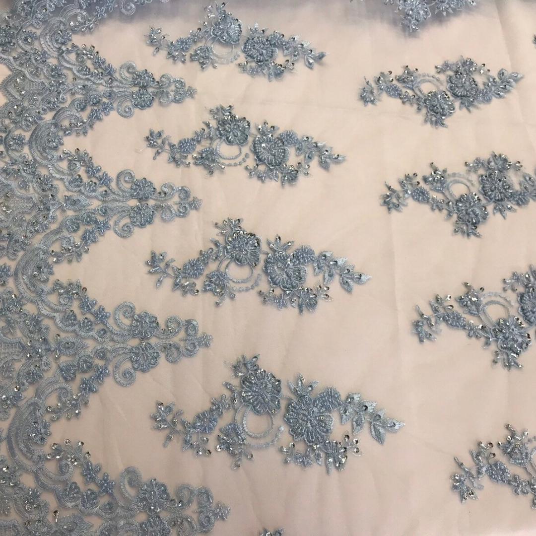 Lt Blue - Luxury Lace - Beaded Design with Embroidered Sequins and Beads On a Mesh Lace Fabric for Prom Dress By The Yard