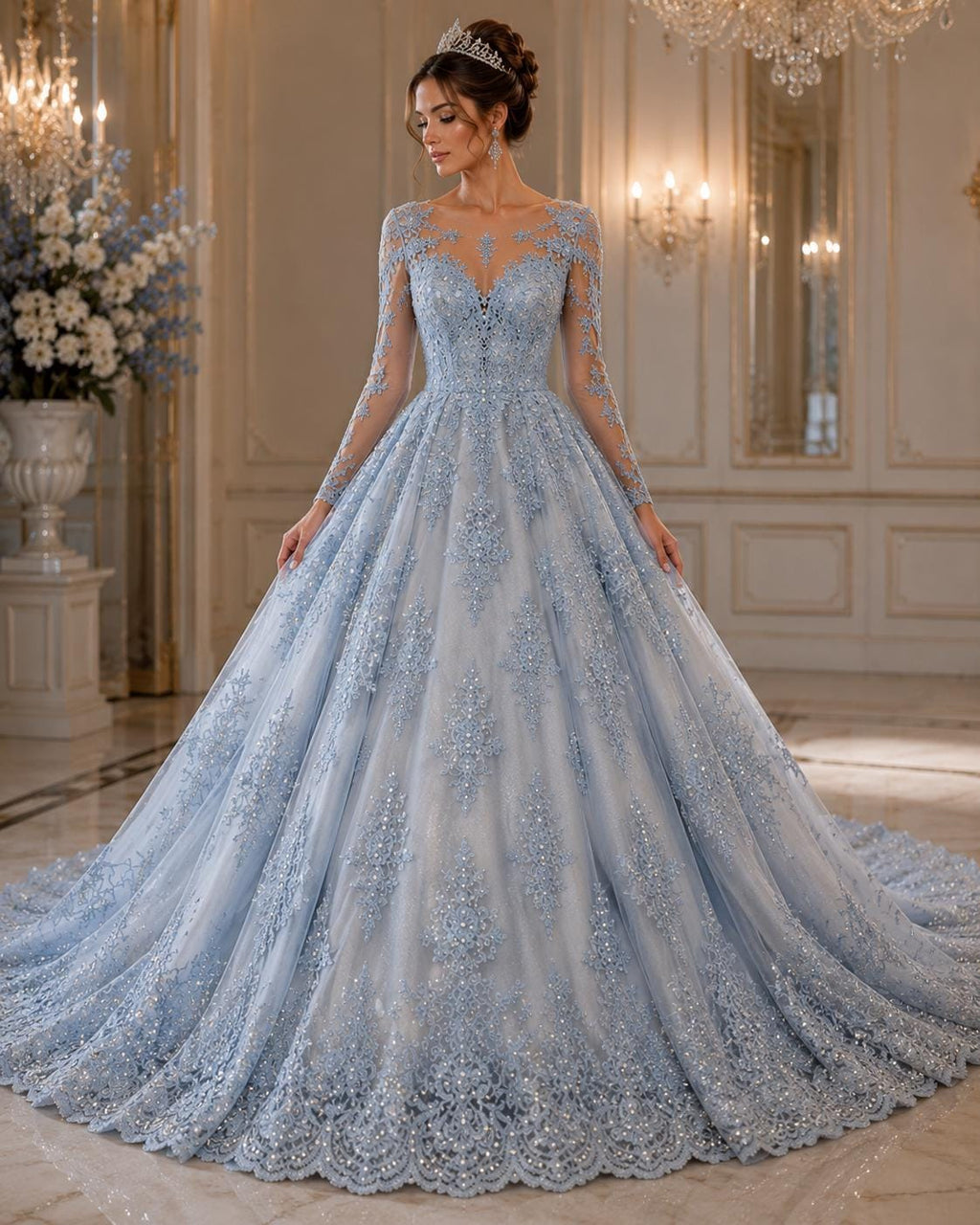 Lt Blue - Luxury Lace - Beaded Design with Embroidered Sequins and Beads On a Mesh Lace Fabric for Prom Dress By The Yard