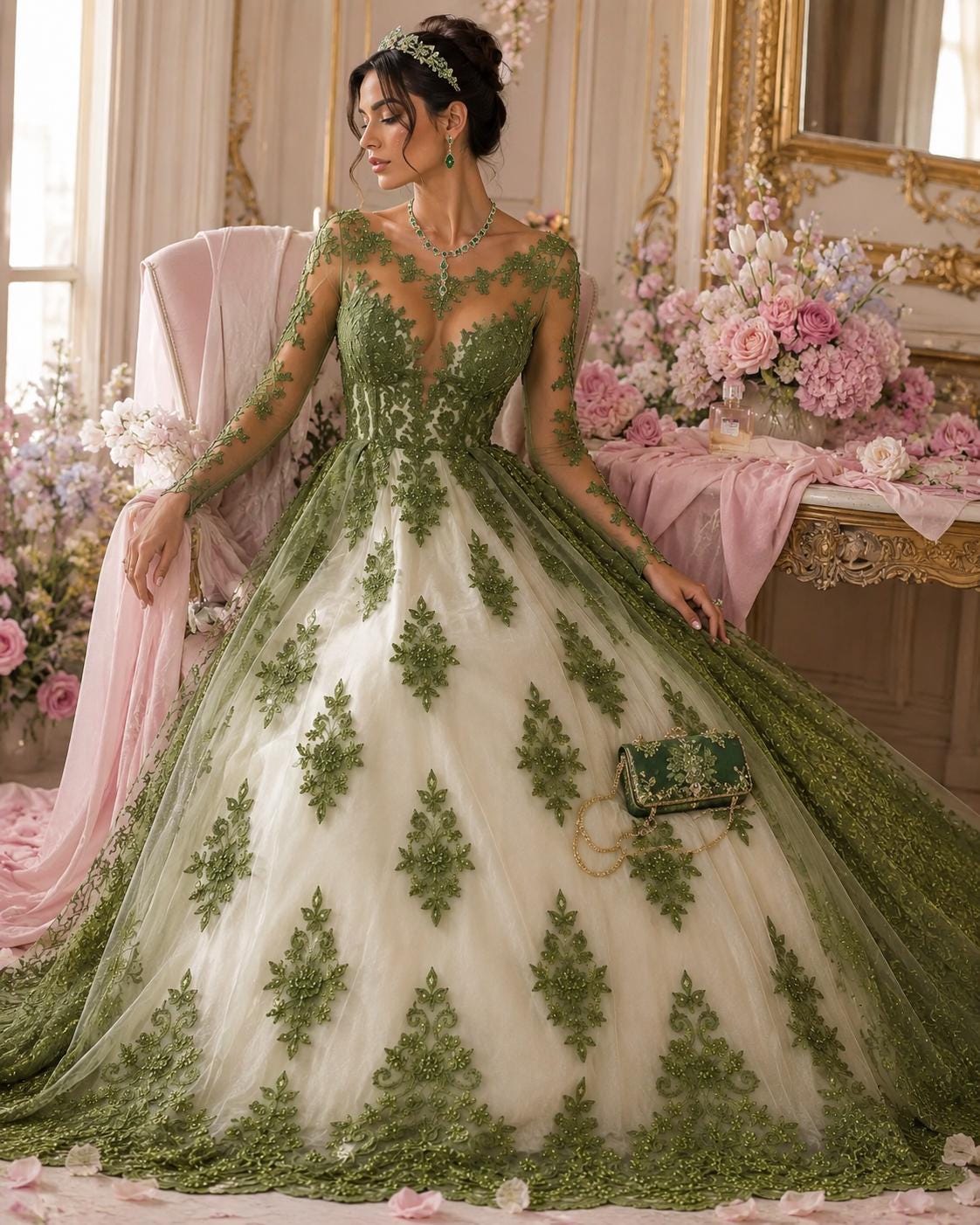 Olive - Luxury Lace - Beaded Design with Embroidered Sequins and Beads On a Mesh Lace Fabric for Prom Dress By The Yard