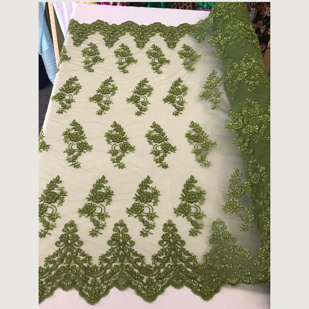 Olive - Luxury Lace - Beaded Design with Embroidered Sequins and Beads On a Mesh Lace Fabric for Prom Dress By The Yard