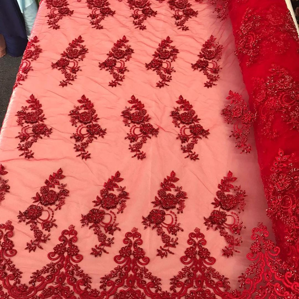 Red - Luxury Lace - Beaded Design with Embroidered Sequins and Beads On a Mesh Lace Fabric for Prom Dress By The Yard