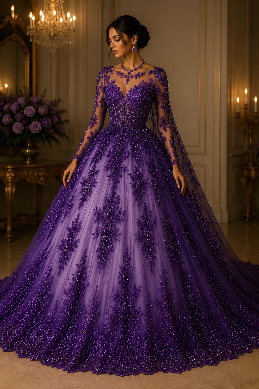 Purple - Luxury Lace - Beaded Design with Embroidered Sequins and Beads On a Mesh Lace Fabric for Prom Dress By The Yard