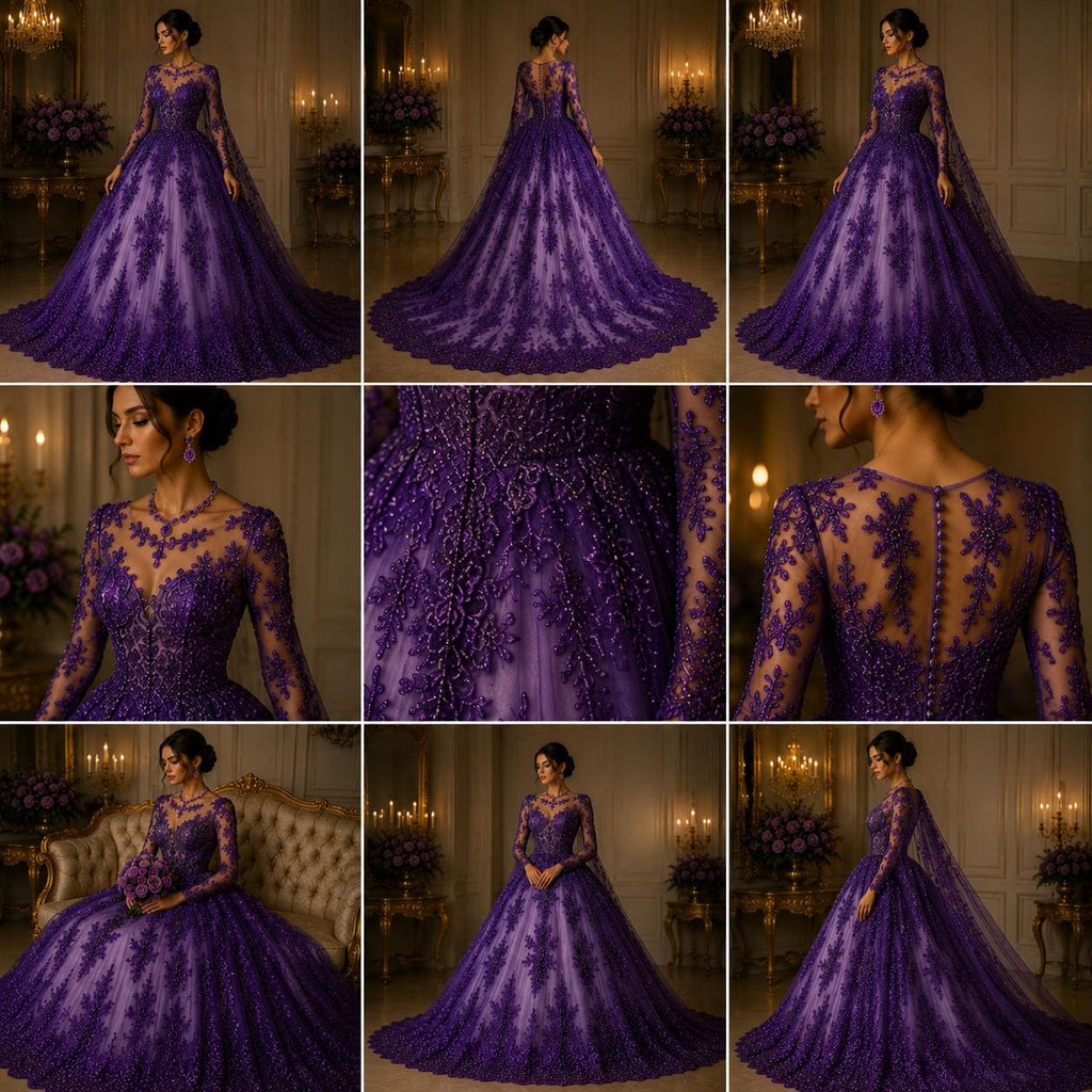Purple - Luxury Lace - Beaded Design with Embroidered Sequins and Beads On a Mesh Lace Fabric for Prom Dress By The Yard