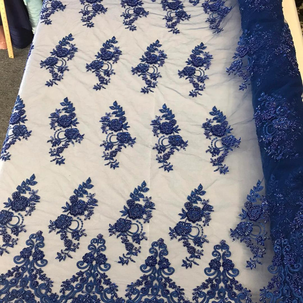 Royal - Luxury Lace - Beaded Design with Embroidered Sequins and Beads On a Mesh Lace Fabric for Prom Dress By The Yard
