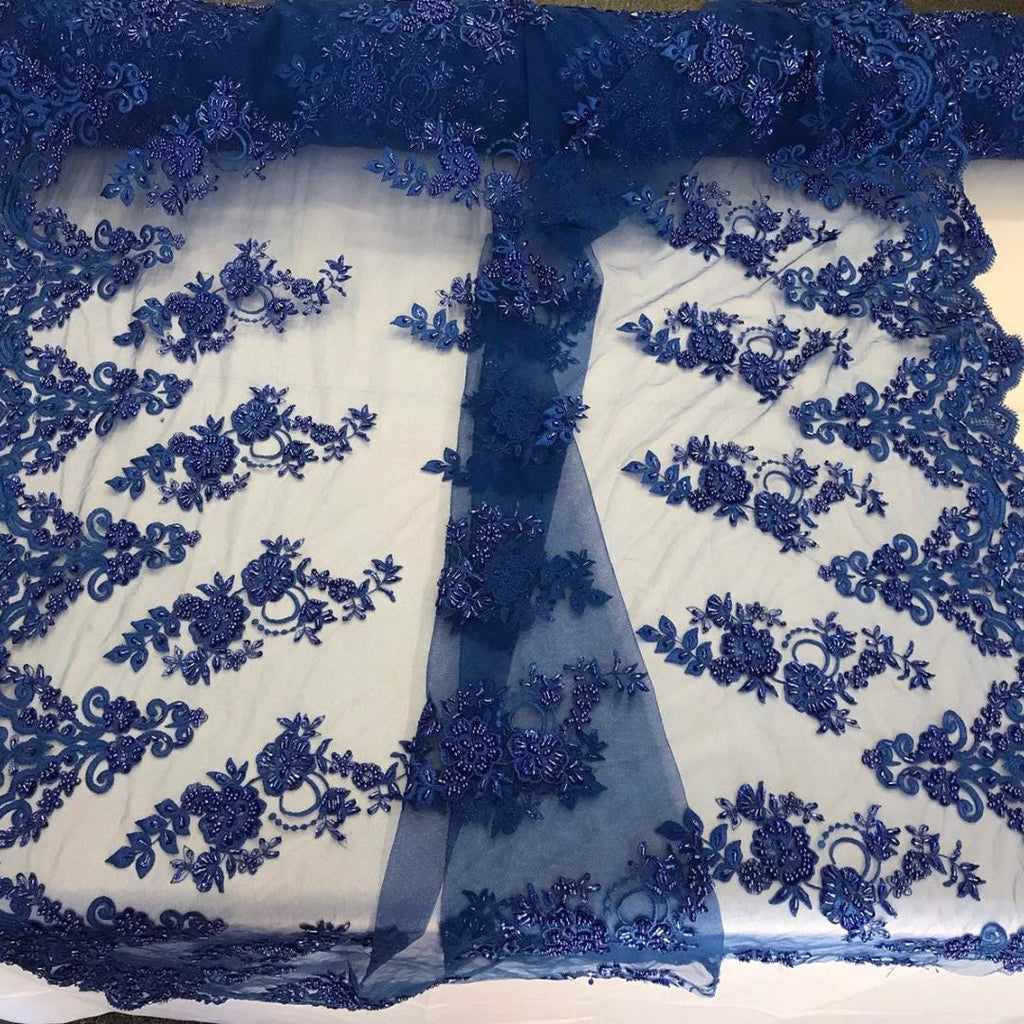 Royal - Luxury Lace - Beaded Design with Embroidered Sequins and Beads On a Mesh Lace Fabric for Prom Dress By The Yard