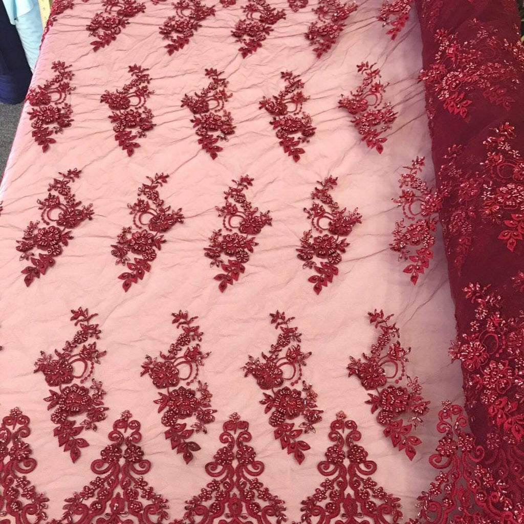 Burgundy - Luxury Lace - Beaded Design with Embroidered Sequins and Beads On a Mesh Lace Fabric for Prom Dress By The Yard