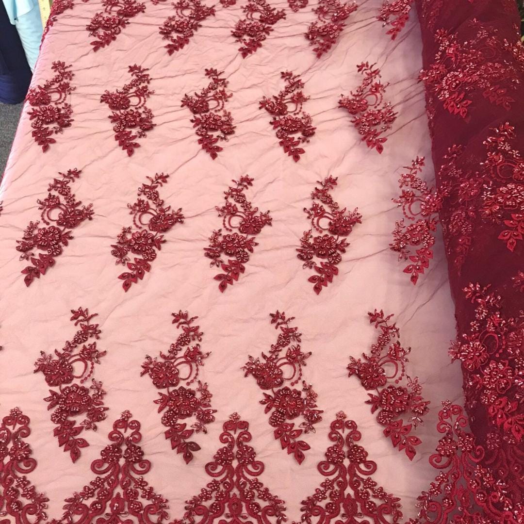 Burgundy - Luxury Lace - Beaded Design with Embroidered Sequins and Beads On a Mesh Lace Fabric for Prom Dress By The Yard