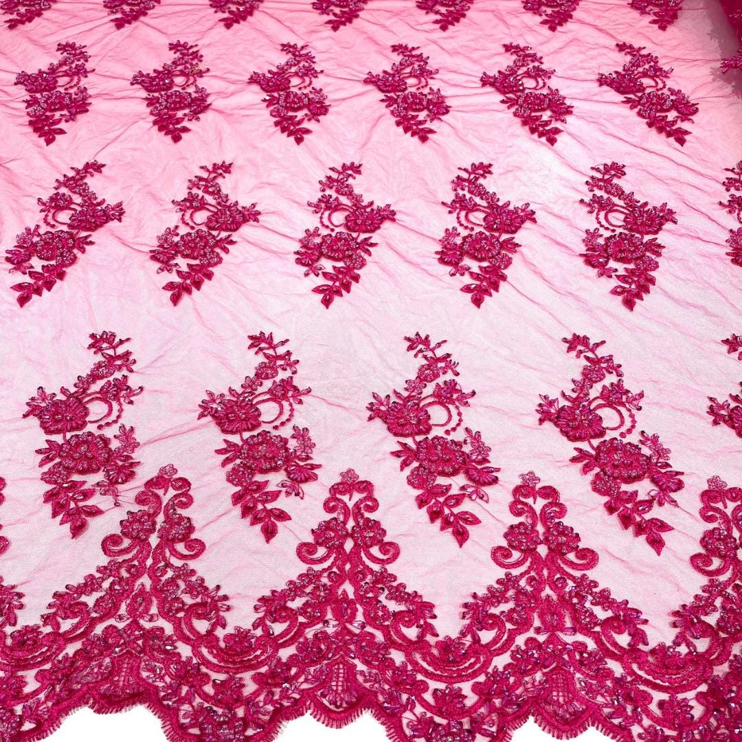 Fuchsia - Luxury Lace - Beaded Design with Embroidered Sequins and Beads On a Mesh Lace Fabric for Prom Dress By The Yard