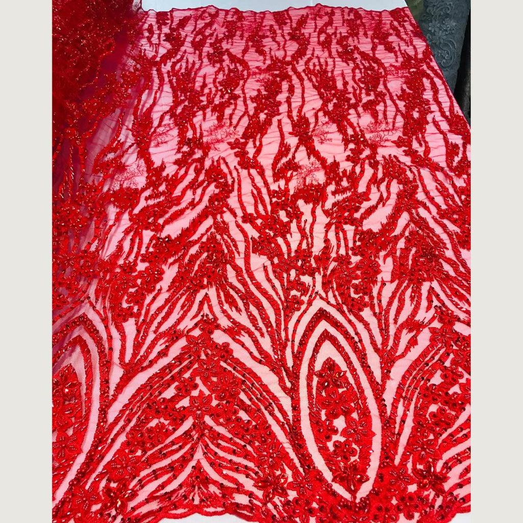 Luxury Lace - Red - Beaded Design with Embroidered Sequins and Beads On a Mesh Lace Fabric for Prom Dress. Sold By The Yard