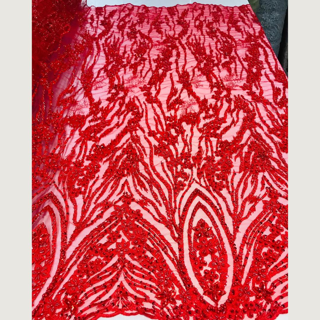 Luxury Lace - Red - Beaded Design with Embroidered Sequins and Beads On a Mesh Lace Fabric for Prom Dress. Sold By The Yard