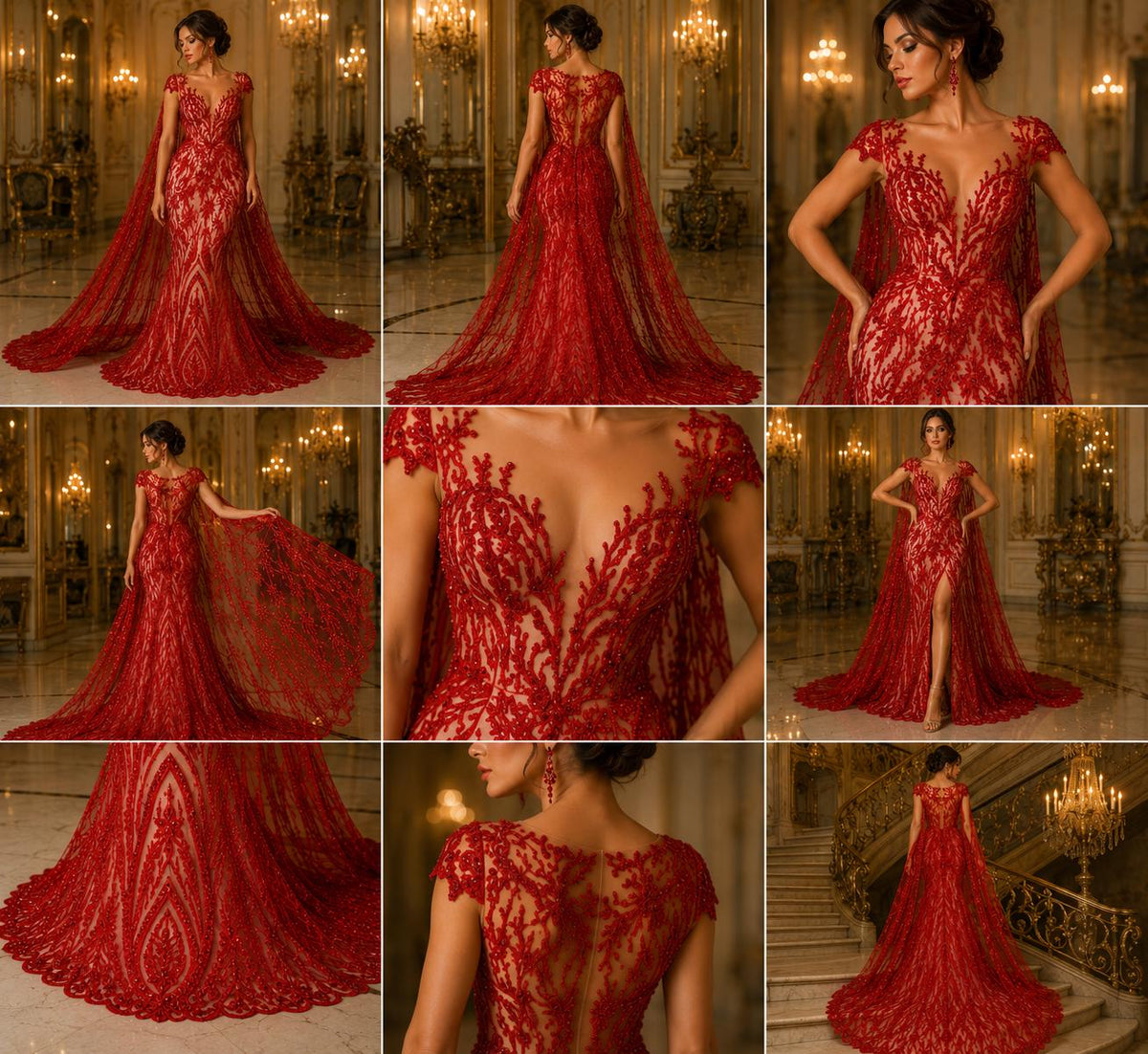Luxury Lace - Red - Beaded Design with Embroidered Sequins and Beads On a Mesh Lace Fabric for Prom Dress. Sold By The Yard