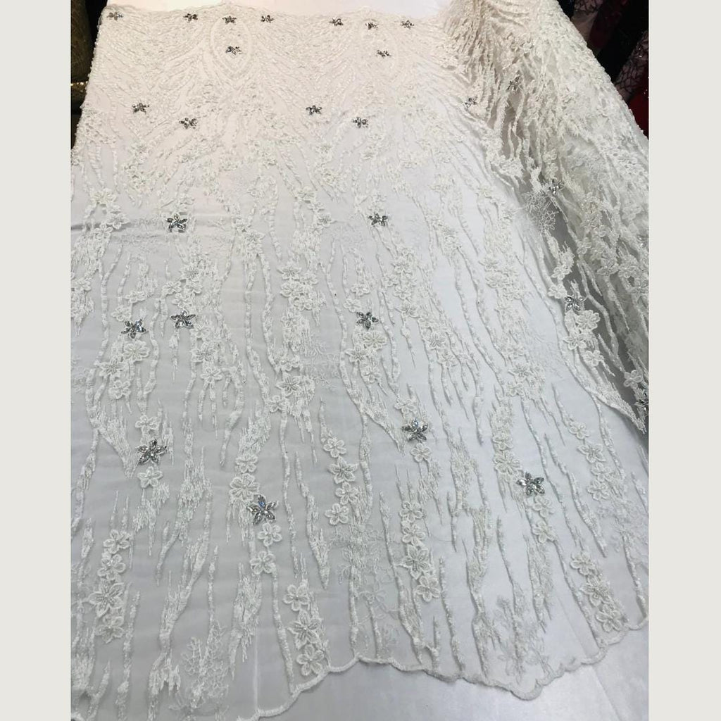Luxury Lace - White - Beaded Design with Embroidered Sequins and Beads On a Mesh Lace Fabric for Prom Dress. Sold By The Yard