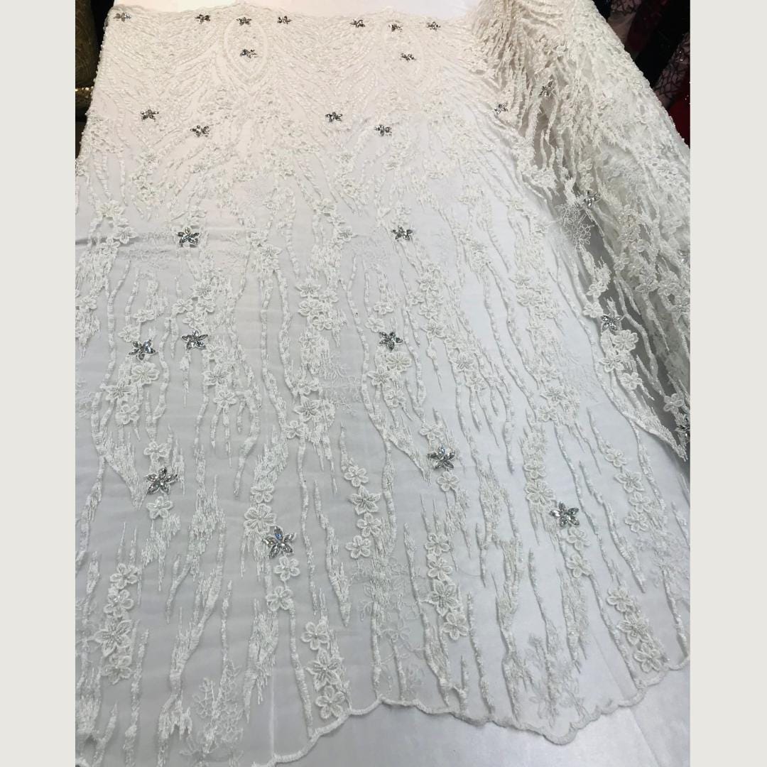 Luxury Lace - White - Beaded Design with Embroidered Sequins and Beads On a Mesh Lace Fabric for Prom Dress. Sold By The Yard