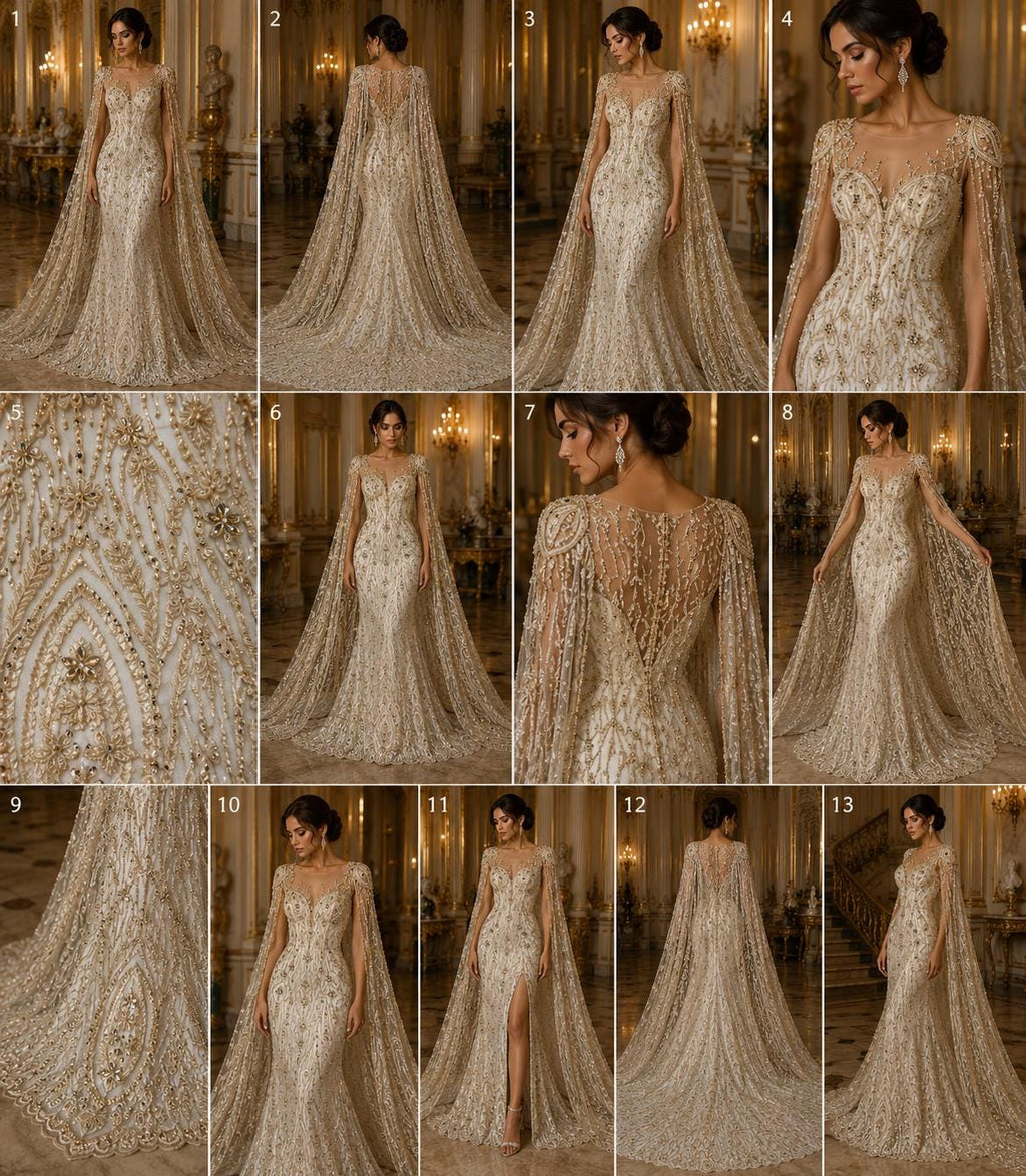 Luxury Lace - Champagne - Beaded Design with Embroidered Sequins and Beads On a Mesh Lace Fabric for Prom Dress. Sold By The Yard