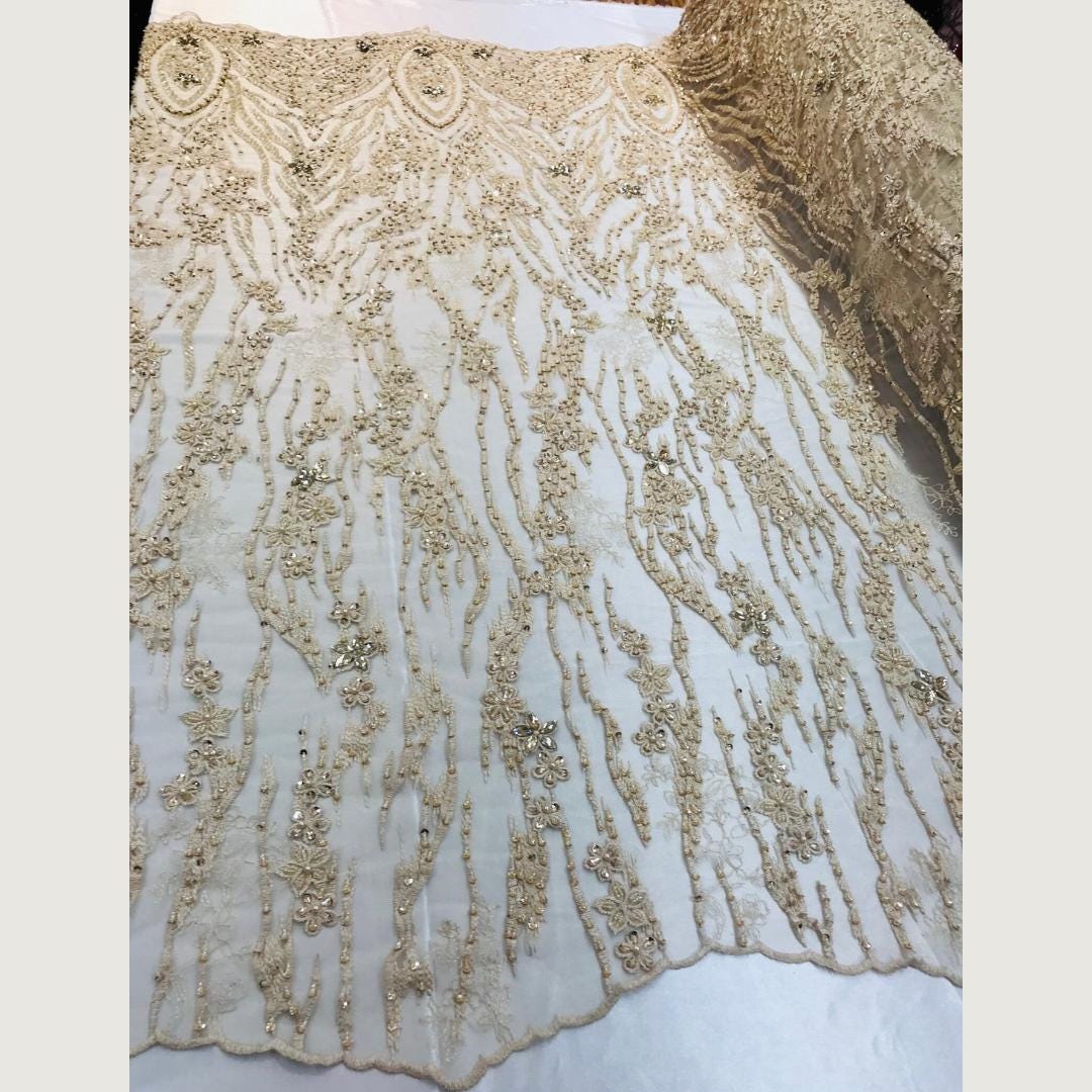 Luxury Lace - Champagne - Beaded Design with Embroidered Sequins and Beads On a Mesh Lace Fabric for Prom Dress. Sold By The Yard