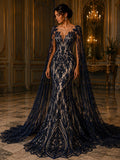 Luxury Lace - Navy - Beaded Design with Embroidered Sequins and Beads On a Mesh Lace Fabric for Prom Dress. Sold By The Yard