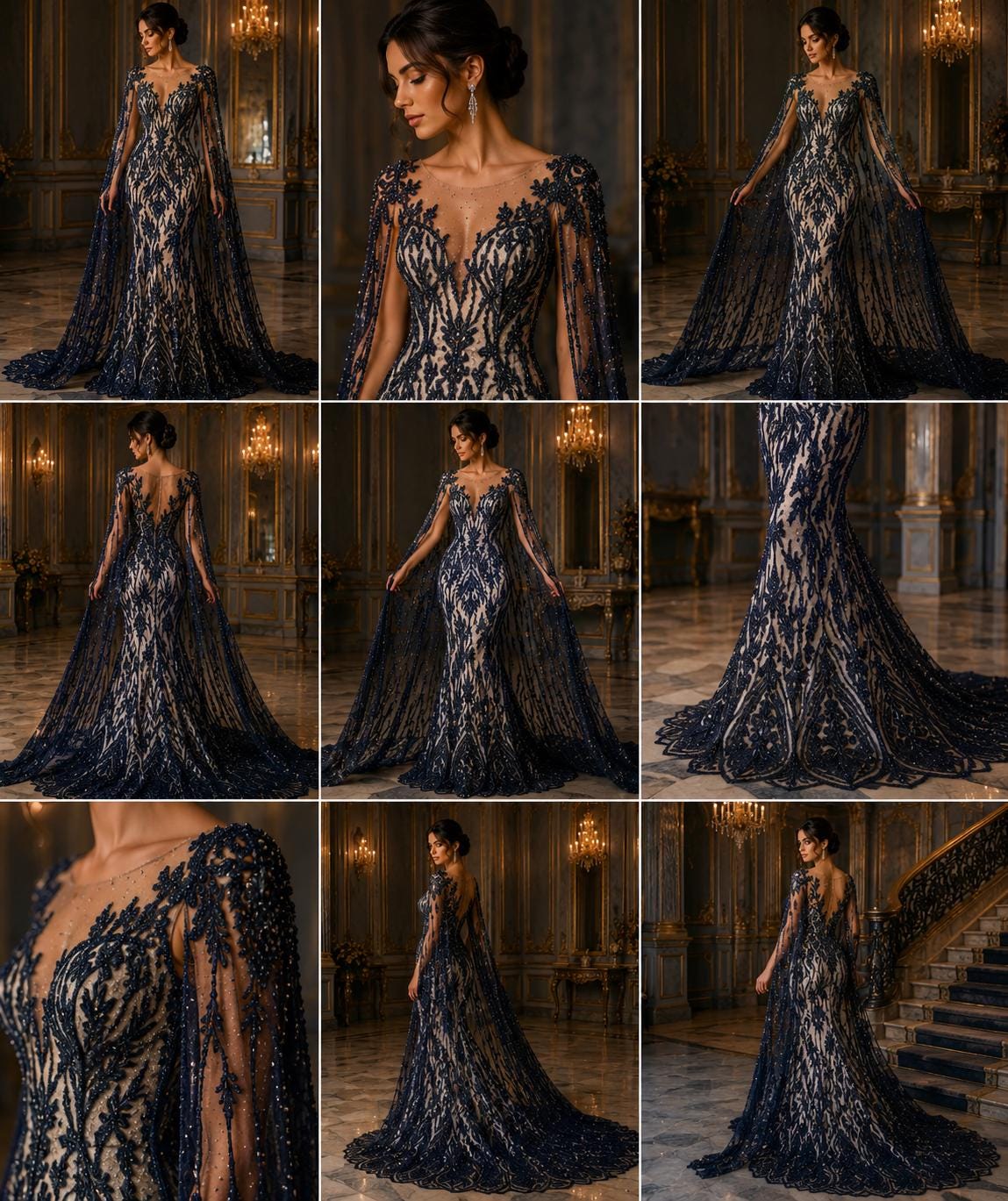 Luxury Lace - Navy - Beaded Design with Embroidered Sequins and Beads On a Mesh Lace Fabric for Prom Dress. Sold By The Yard
