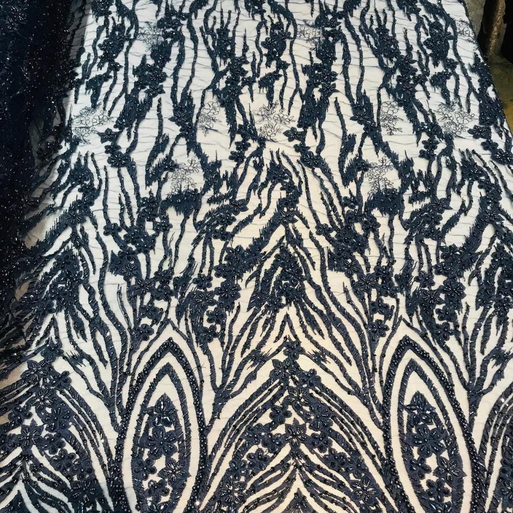 Luxury Lace - Navy - Beaded Design with Embroidered Sequins and Beads On a Mesh Lace Fabric for Prom Dress. Sold By The Yard