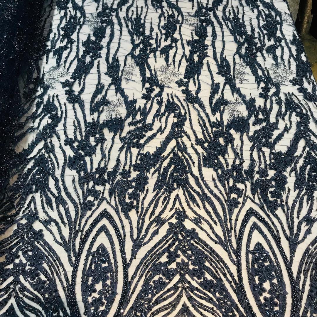 Luxury Lace - Navy - Beaded Design with Embroidered Sequins and Beads On a Mesh Lace Fabric for Prom Dress. Sold By The Yard