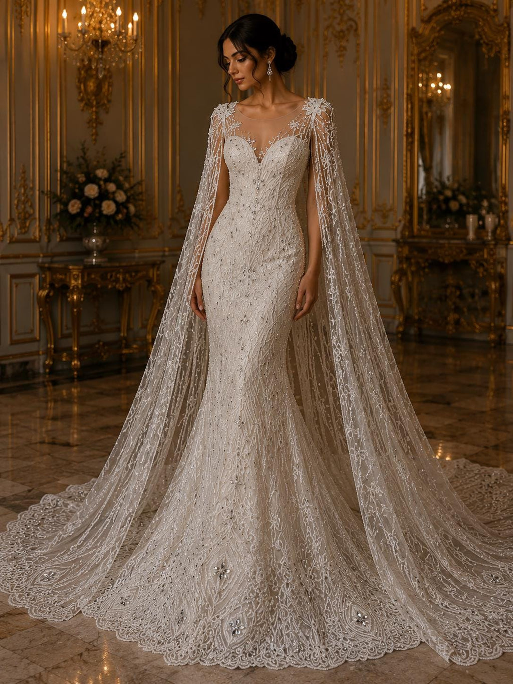 Luxury Lace - Ivory - Beaded Design with Embroidered Sequins and Beads On a Mesh Lace Fabric for Prom Dress. Sold By The Yard
