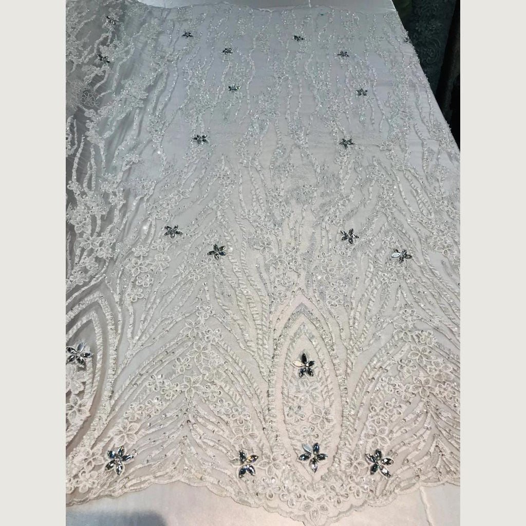 Luxury Lace - Ivory - Beaded Design with Embroidered Sequins and Beads On a Mesh Lace Fabric for Prom Dress. Sold By The Yard