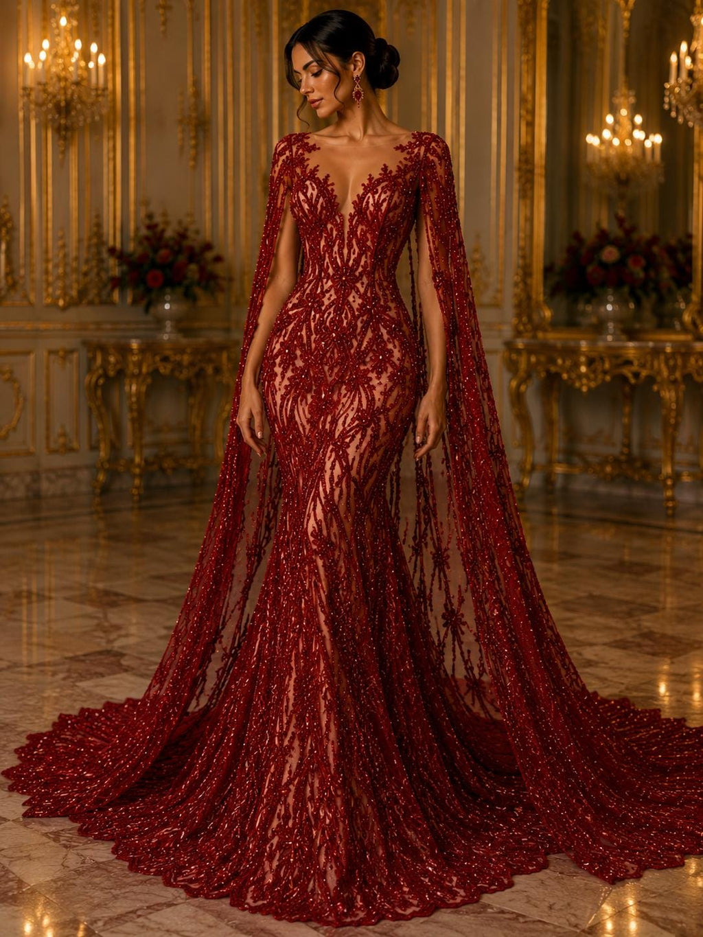 Luxury Lace - Burgundy - Beaded Design with Embroidered Sequins and Beads On a Mesh Lace Fabric for Prom Dress. Sold By The Yard