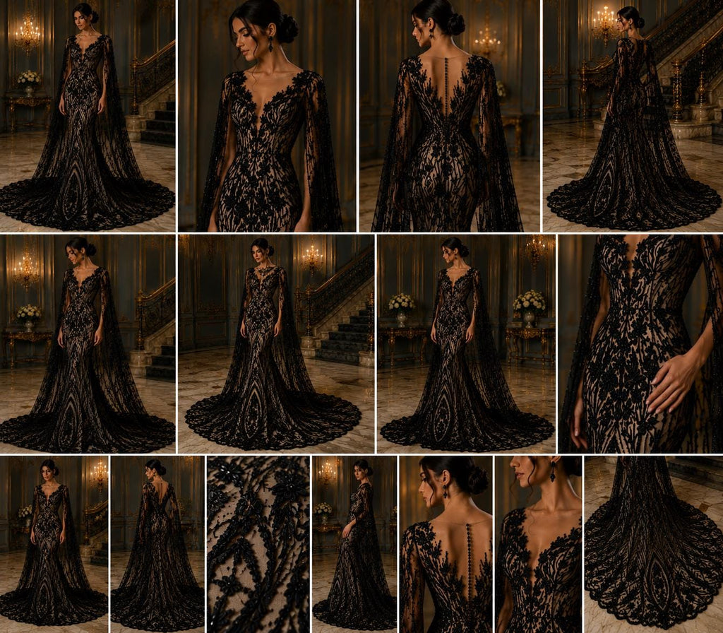 Luxury Lace - Black - Beaded Design with Embroidered Sequins and Beads On a Mesh Lace Fabric for Prom Dress. Sold By The Yard