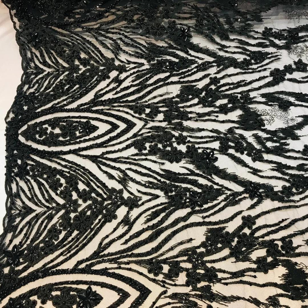 Luxury Lace - Black - Beaded Design with Embroidered Sequins and Beads On a Mesh Lace Fabric for Prom Dress. Sold By The Yard