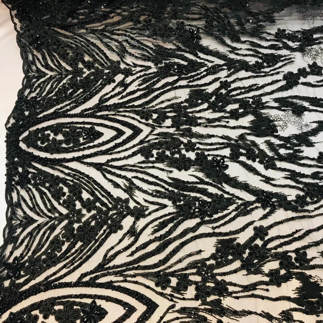 Luxury Lace - Black - Beaded Design with Embroidered Sequins and Beads On a Mesh Lace Fabric for Prom Dress. Sold By The Yard