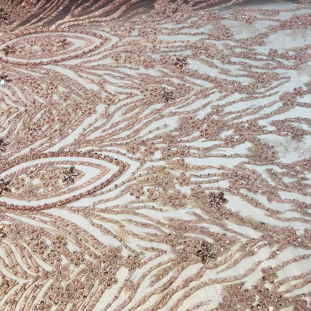 Luxury Lace - Blush - Beaded Design with Embroidered Sequins and Beads On a Mesh Lace Fabric for Prom Dress. Sold By The Yard