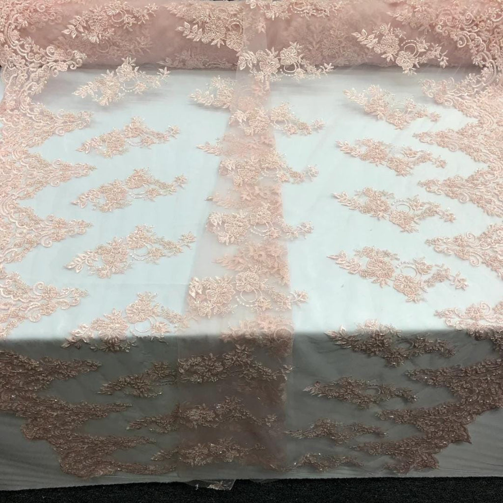 Lt Pink - Luxury Lace - Beaded Design with Embroidered Sequins and Beads On a Mesh Lace Fabric for Prom Dress By The Yard