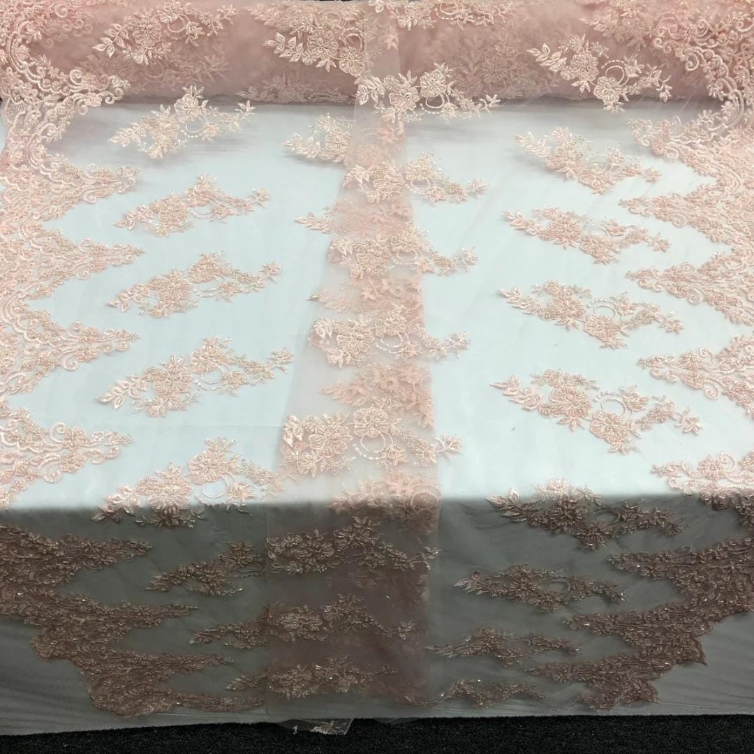 Lt Pink - Luxury Lace - Beaded Design with Embroidered Sequins and Beads On a Mesh Lace Fabric for Prom Dress By The Yard