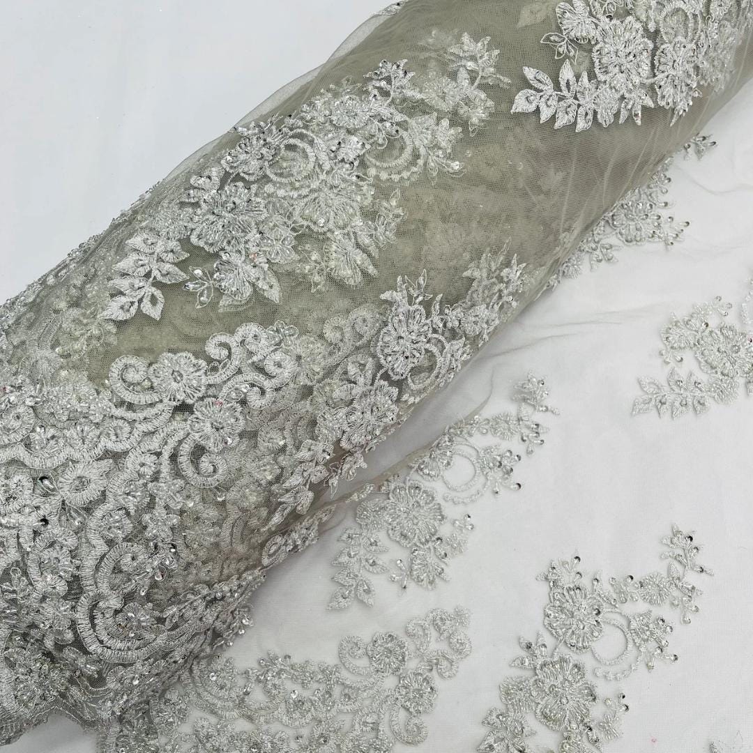 Silver - Luxury Lace - Beaded Design with Embroidered Sequins and Beads On a Mesh Lace Fabric for Prom Dress By The Yard