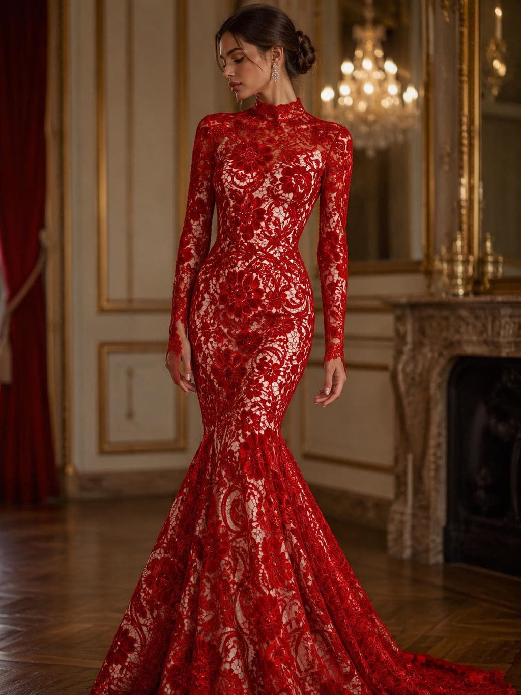 Floral Guipure Lace Fabric - RED - Bridal Wedding Dress Lace a Mesh Fabric for Prom Dress. Sold By The Yard