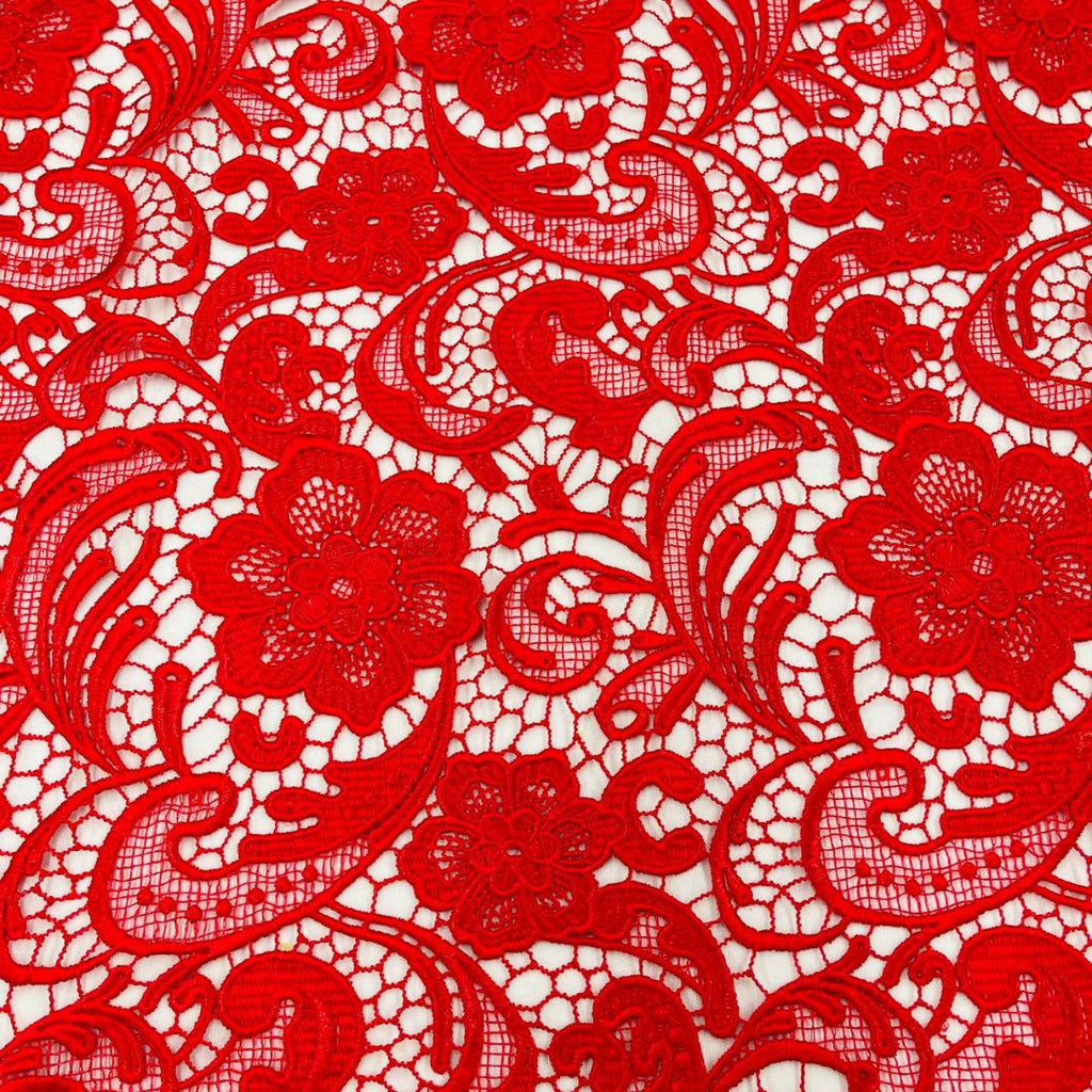 Floral Guipure Lace Fabric - RED - Bridal Wedding Dress Lace a Mesh Fabric for Prom Dress. Sold By The Yard