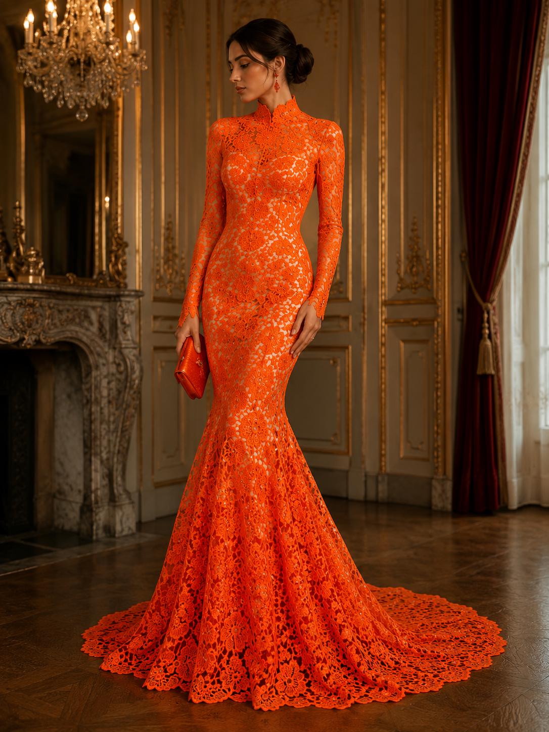 Floral Guipure Lace Fabric - ORANGE - Bridal Wedding Dress Lace a Mesh Fabric for Prom Dress. Sold By The Yard