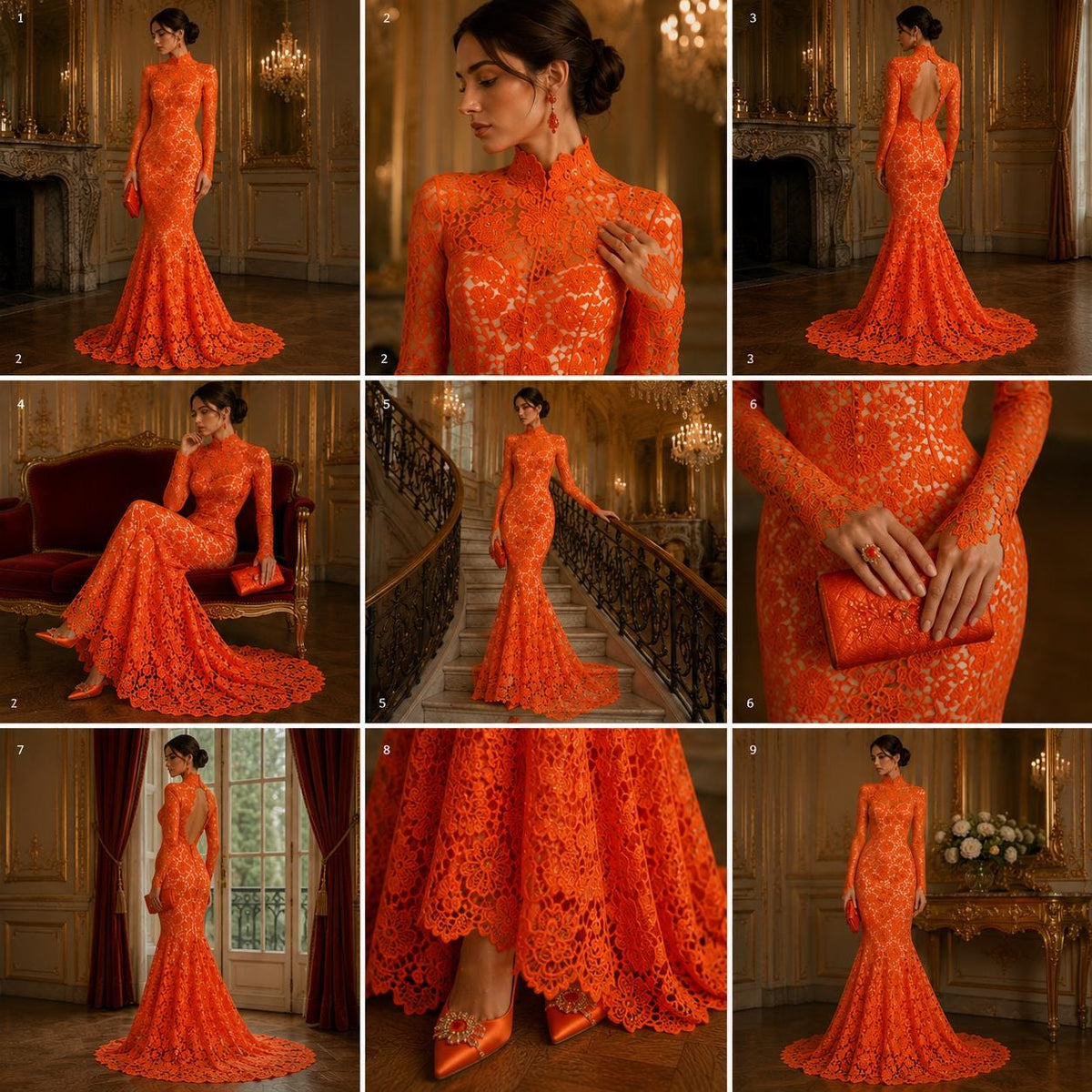 Floral Guipure Lace Fabric - ORANGE - Bridal Wedding Dress Lace a Mesh Fabric for Prom Dress. Sold By The Yard