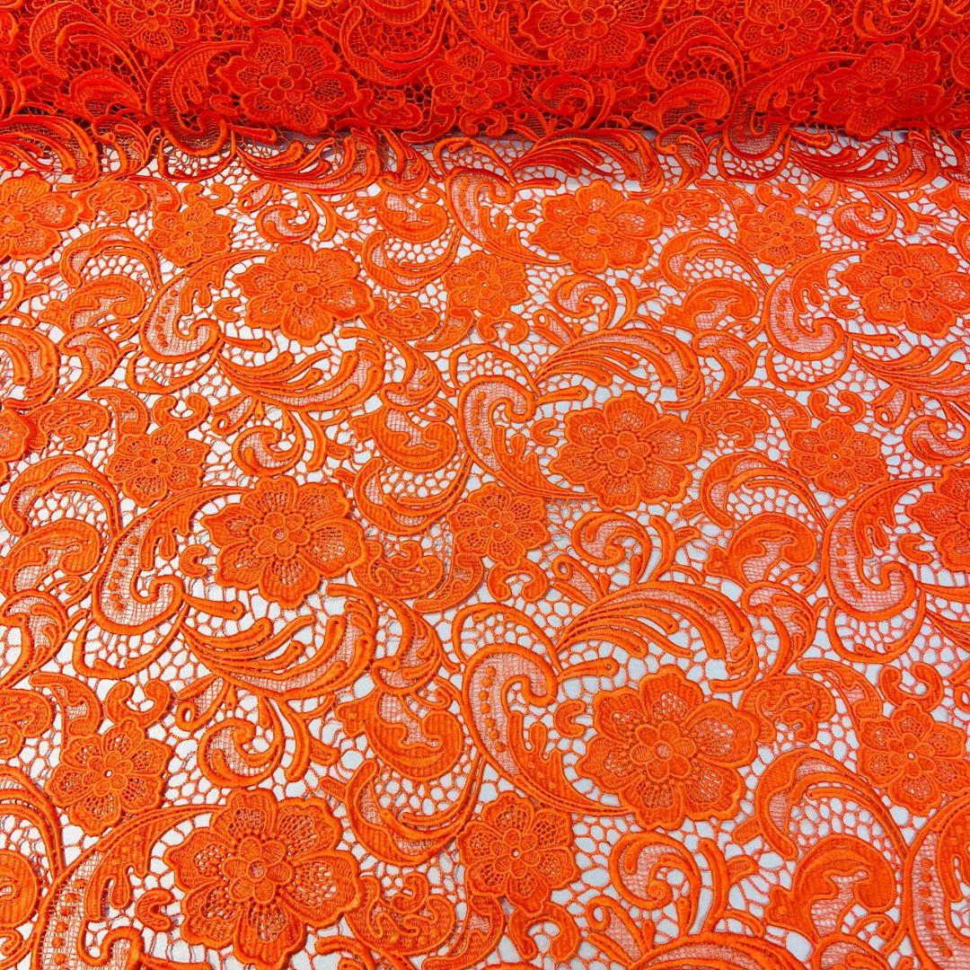 Floral Guipure Lace Fabric - ORANGE - Bridal Wedding Dress Lace a Mesh Fabric for Prom Dress. Sold By The Yard