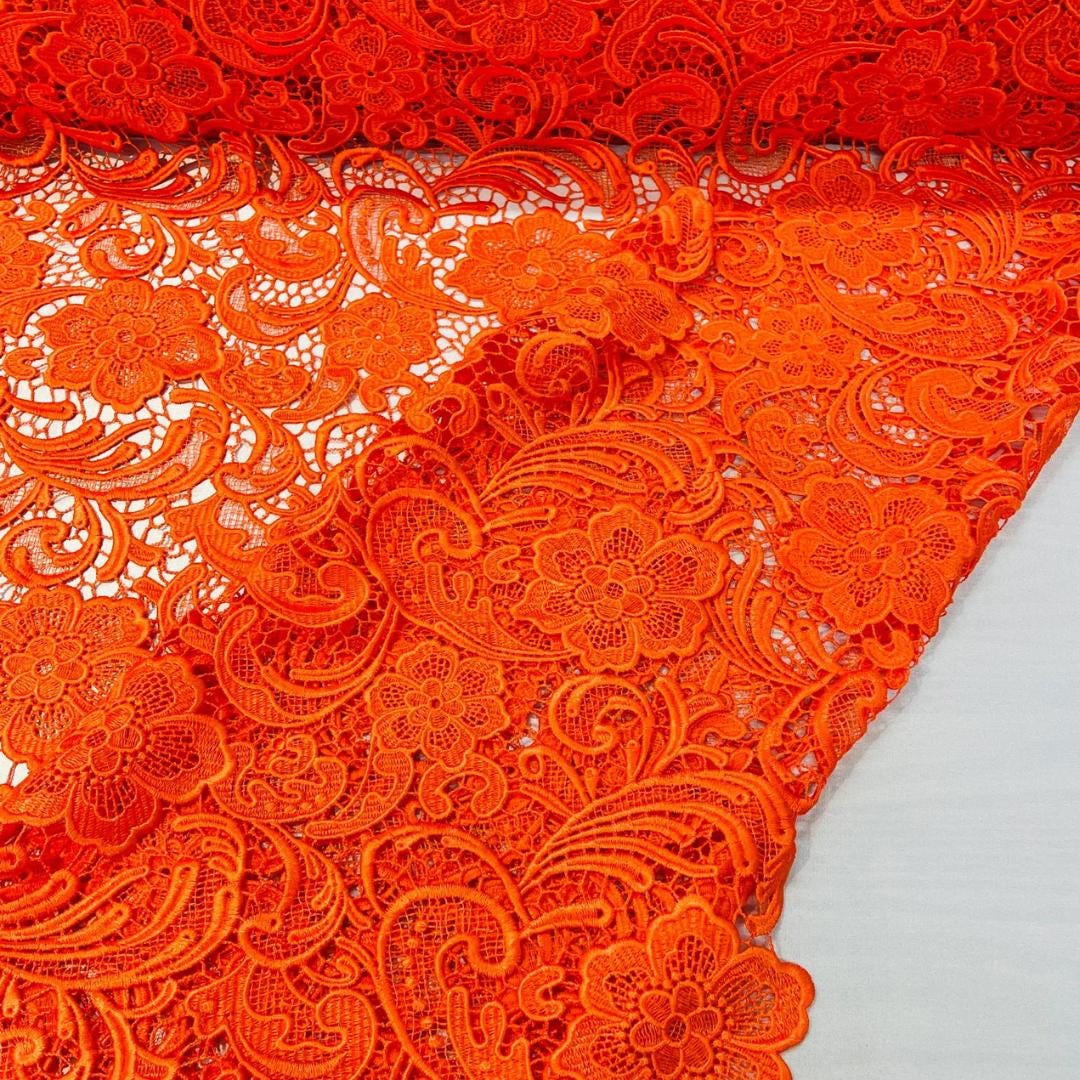Floral Guipure Lace Fabric - ORANGE - Bridal Wedding Dress Lace a Mesh Fabric for Prom Dress. Sold By The Yard