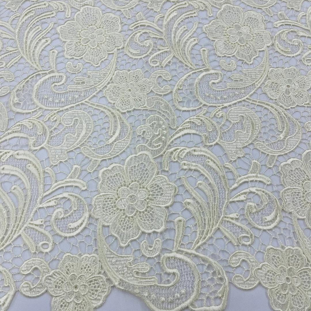 Floral Guipure Lace Fabric - IVORY - Bridal Wedding Dress Lace a Mesh Fabric for Prom Dress. Sold By The Yard
