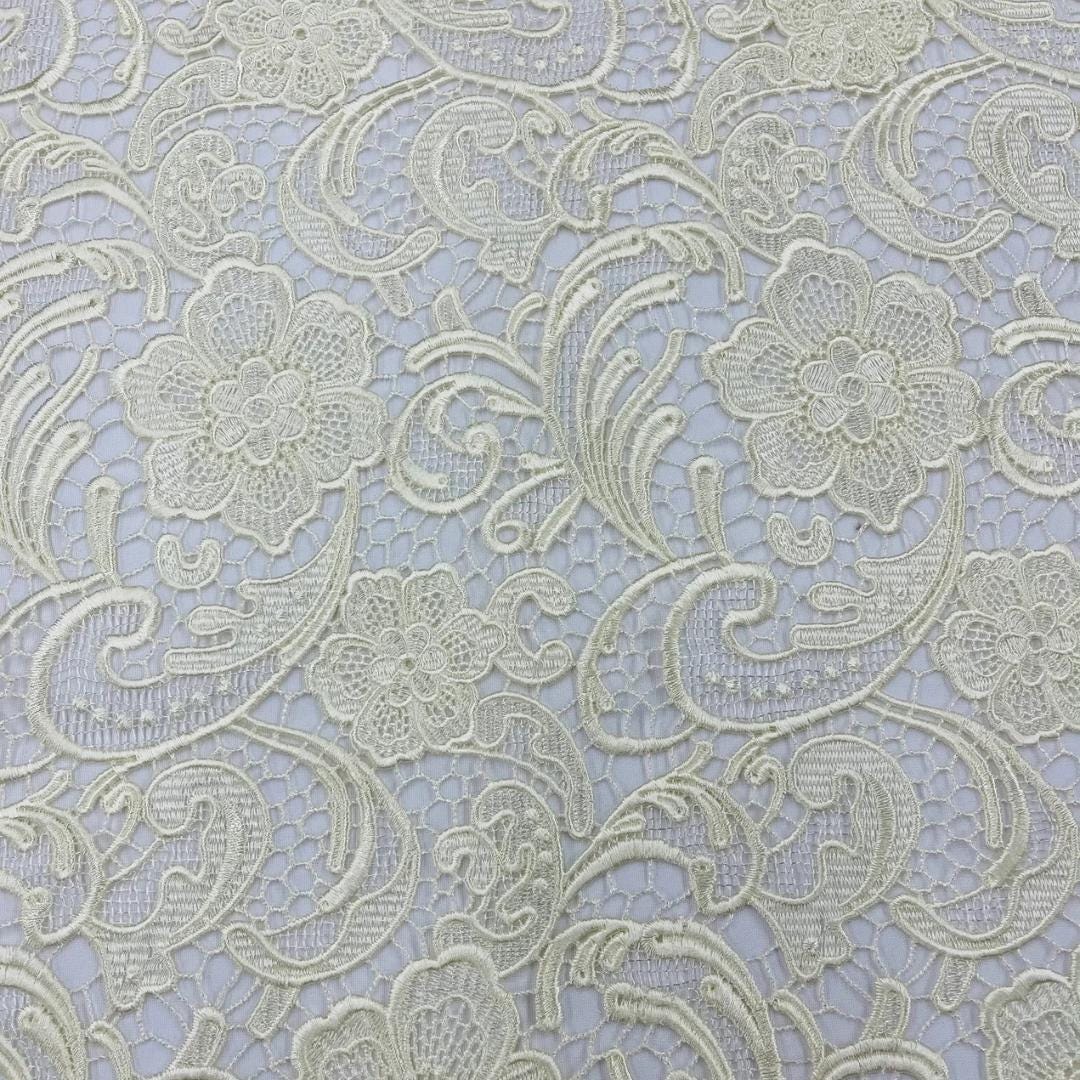 Floral Guipure Lace Fabric - IVORY - Bridal Wedding Dress Lace a Mesh Fabric for Prom Dress. Sold By The Yard