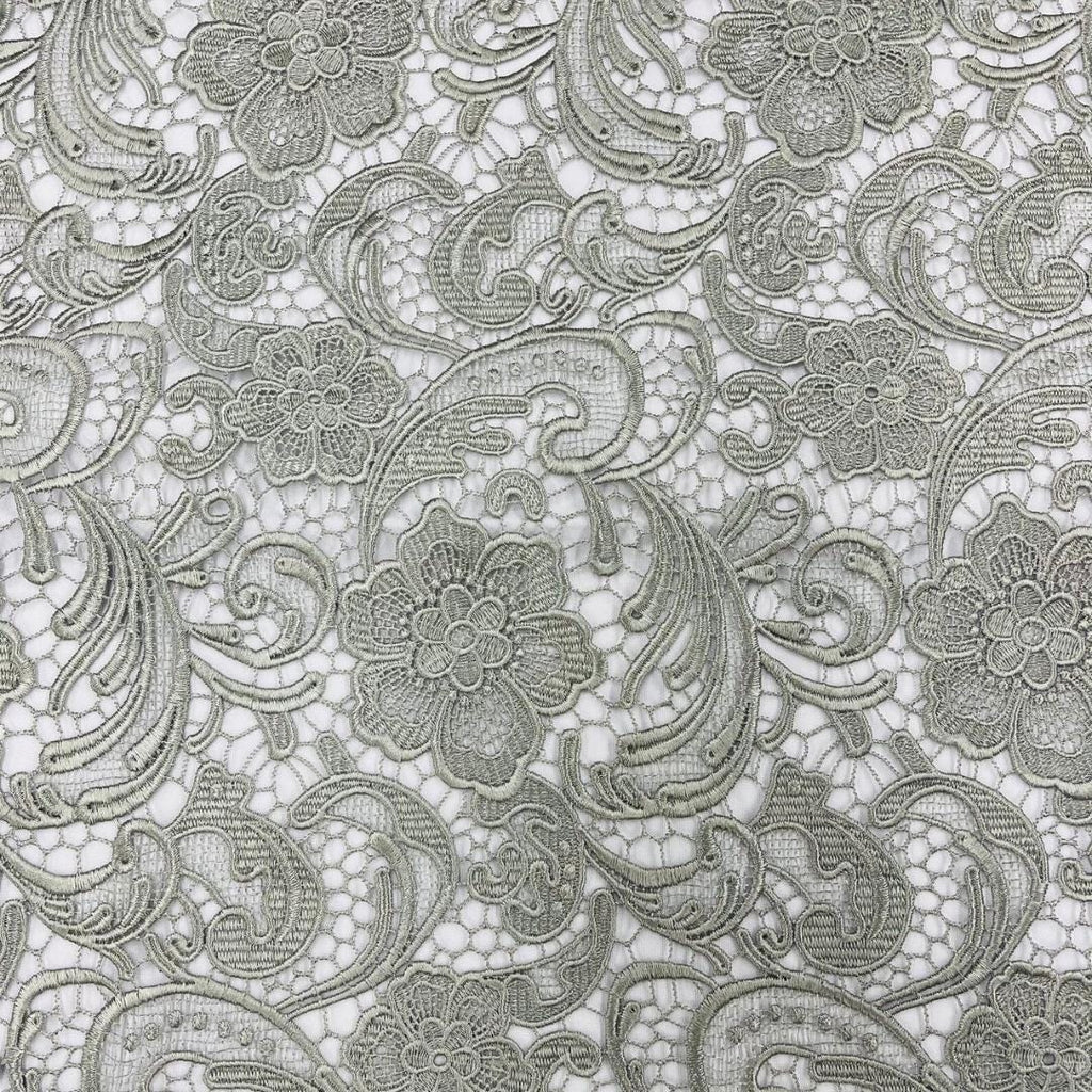 Floral Guipure Lace Fabric - SILVER - Bridal Wedding Dress Lace a Mesh Fabric for Prom Dress. Sold By The Yard