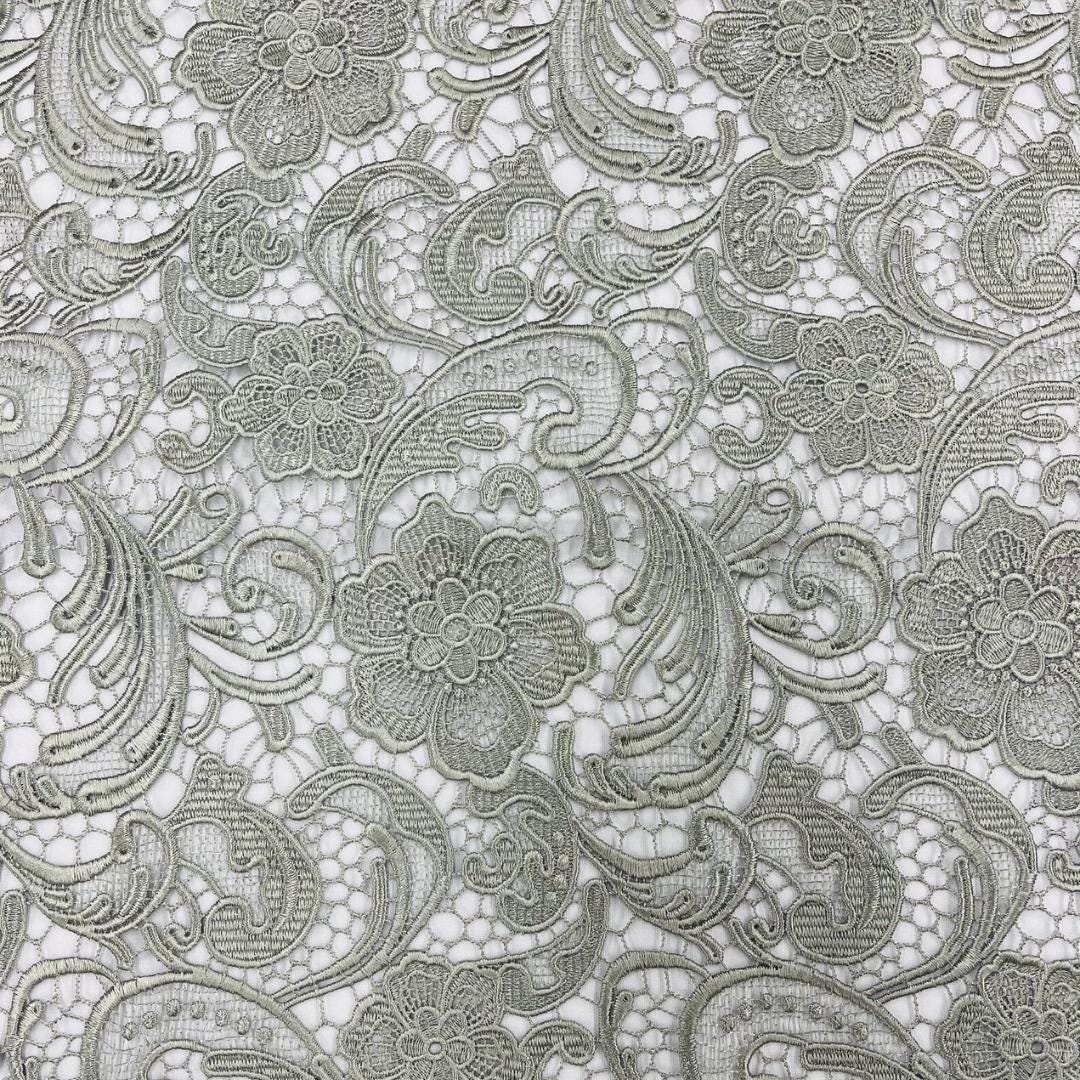 Floral Guipure Lace Fabric - SILVER - Bridal Wedding Dress Lace a Mesh Fabric for Prom Dress. Sold By The Yard
