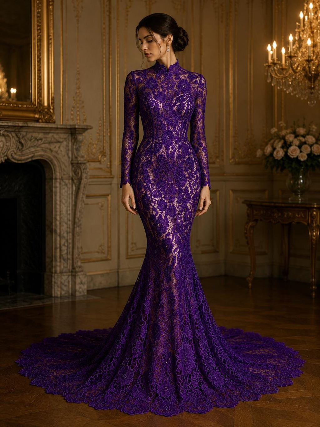 Floral Guipure Lace Fabric - PURPLE - Bridal Wedding Dress Lace a Mesh Fabric for Prom Dress. Sold By The Yard