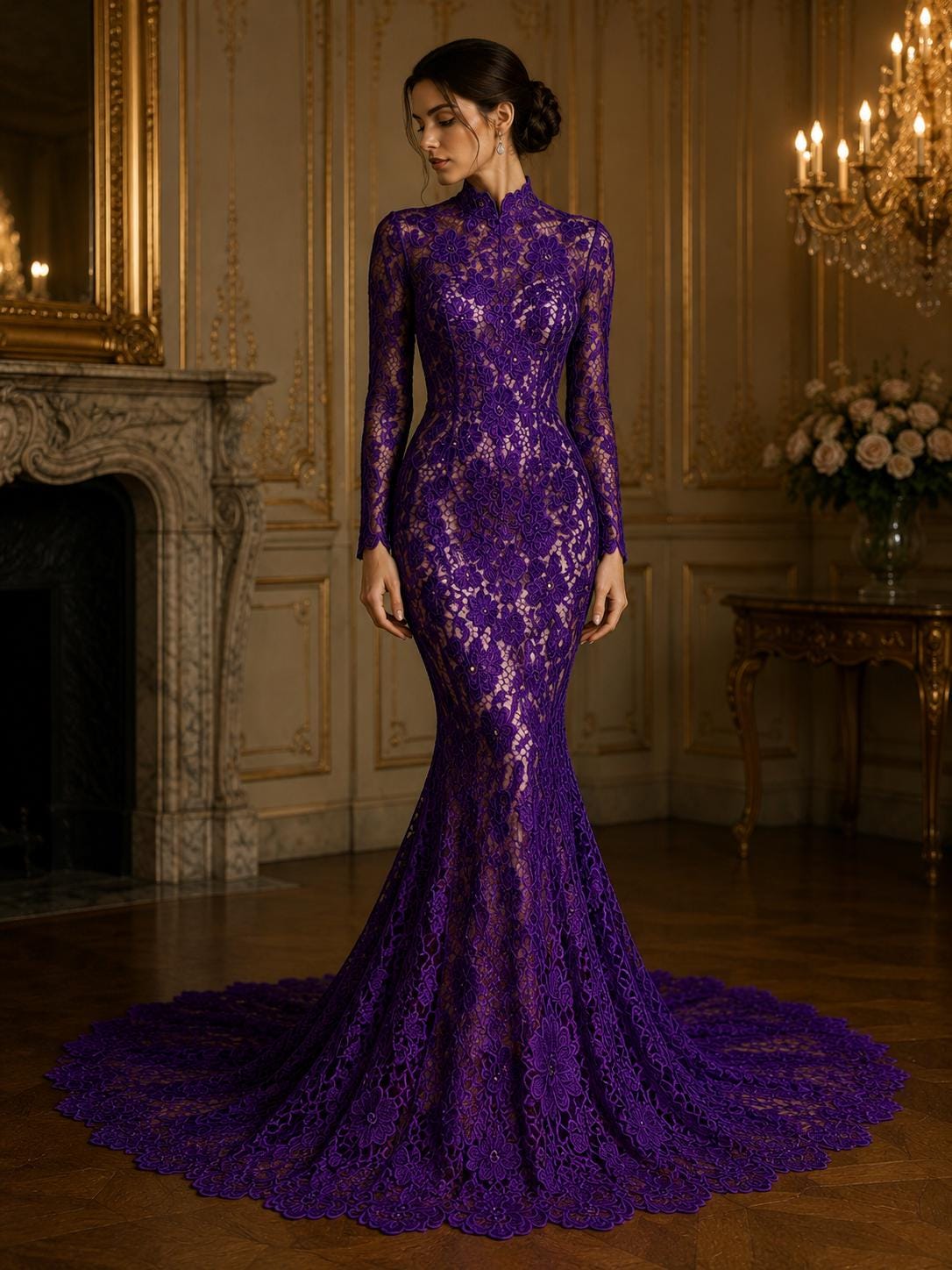 Floral Guipure Lace Fabric - PURPLE - Bridal Wedding Dress Lace a Mesh Fabric for Prom Dress. Sold By The Yard